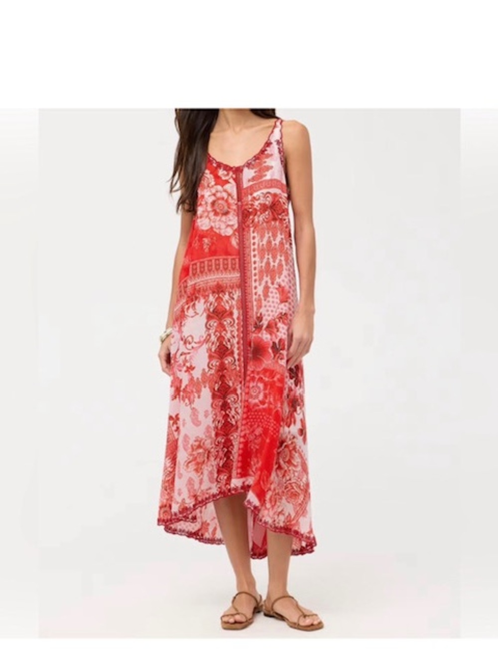 Johnny Was Red and White Printed Asymmetrical Maxi Dress.S. .NWT.